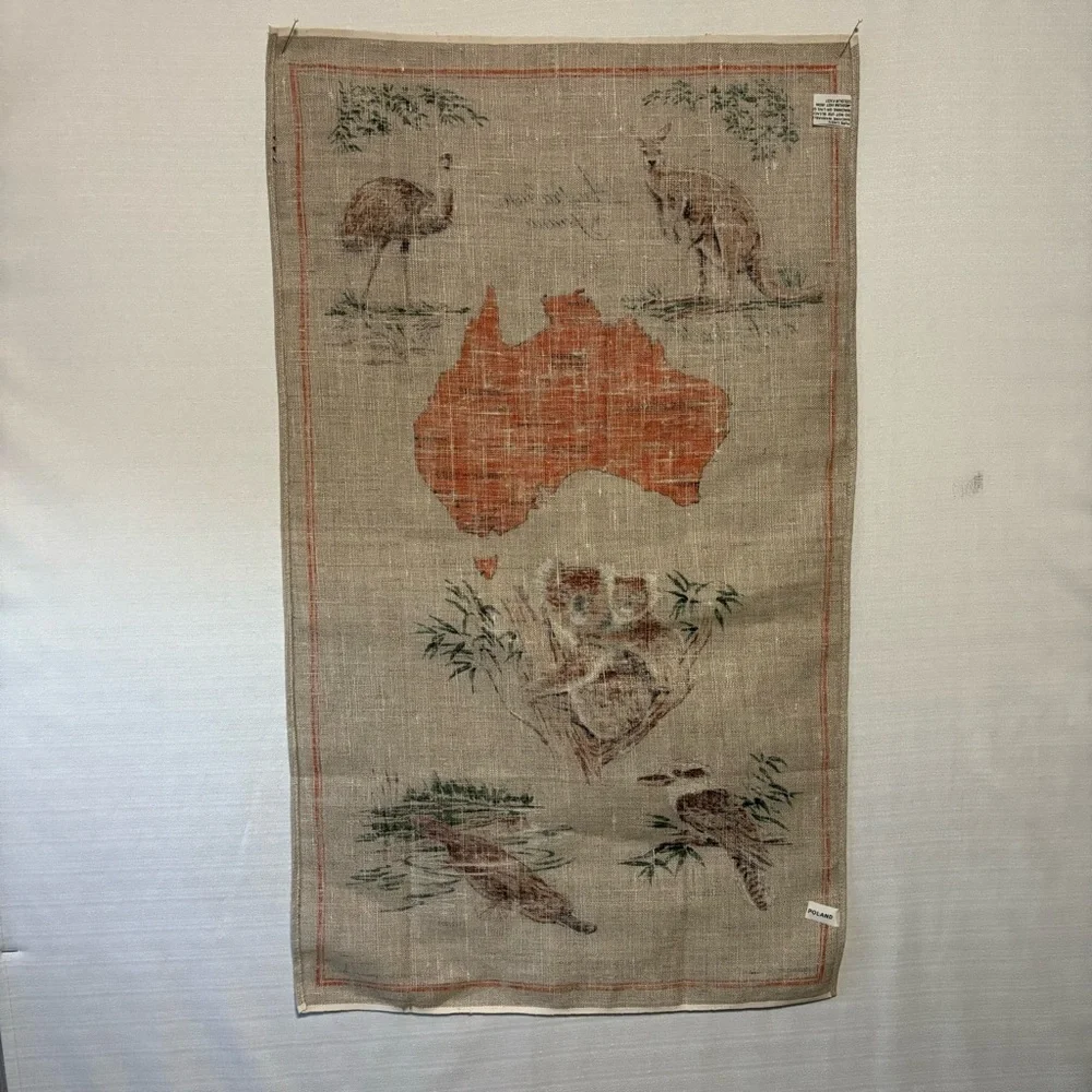 VTG Heil Pure Linen Souvenir Australian tea towel 1980’s Emo Koala Kangaroo NWOT